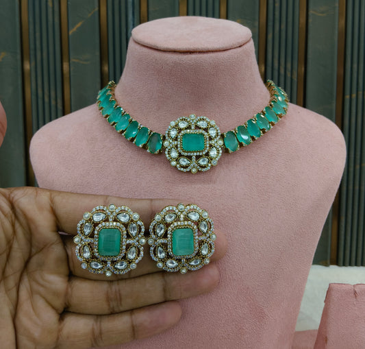 Mint Moissanite Kundan Necklace Jewellery Soma Set