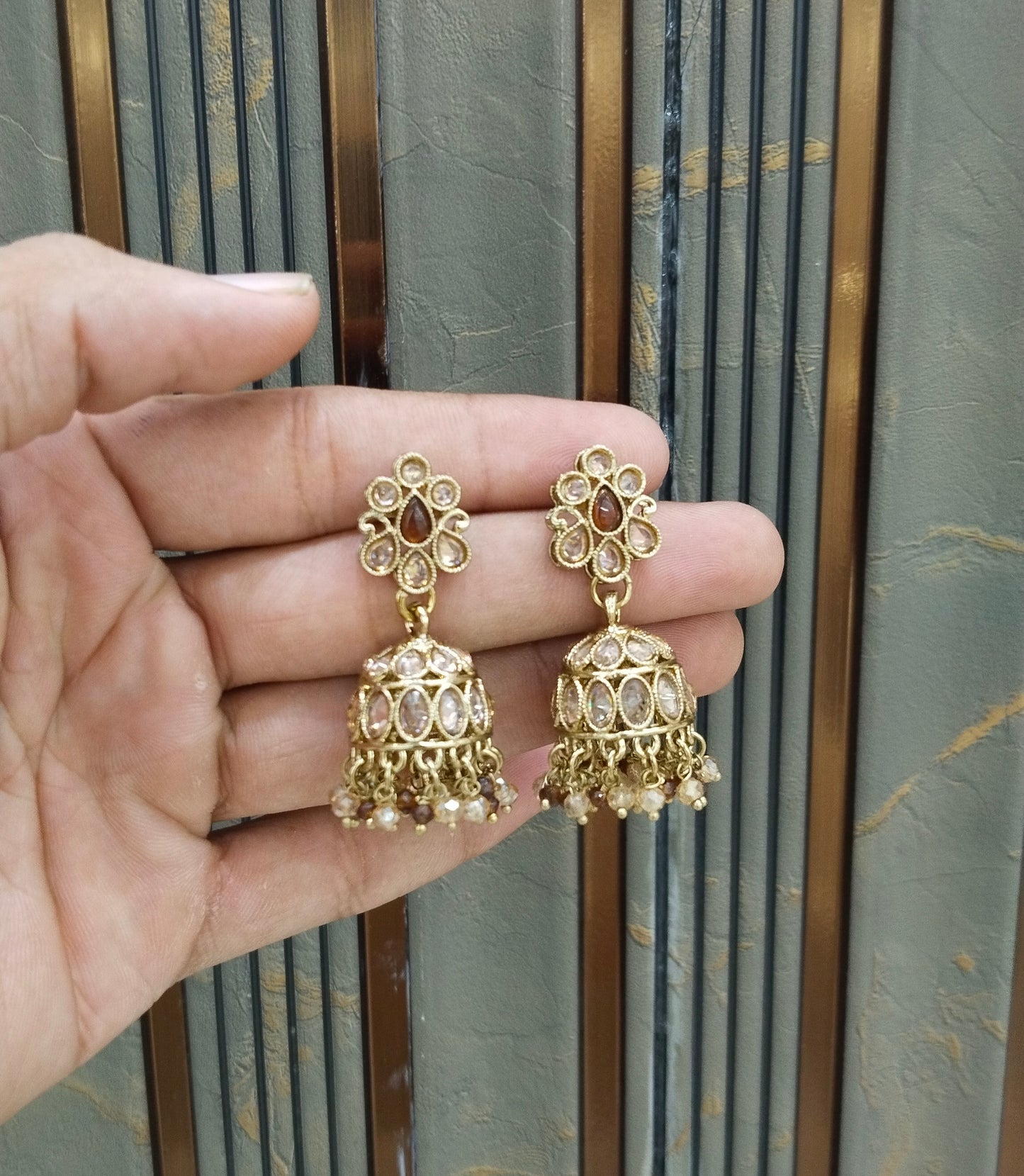 Antique Gold Jhumki Bollywood indian Ramdeep Earrings