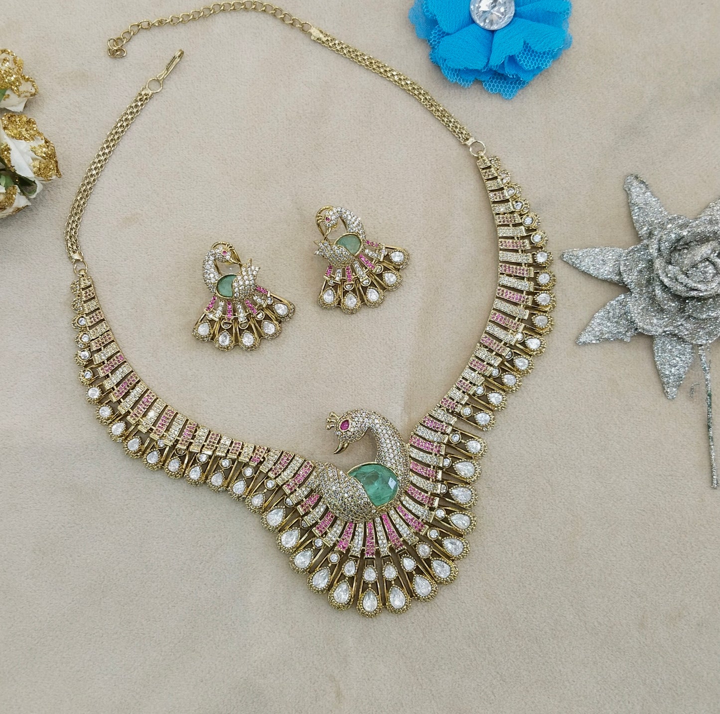 Ruby Mint Moissanite Kundan Necklace Jewellery Suman Set