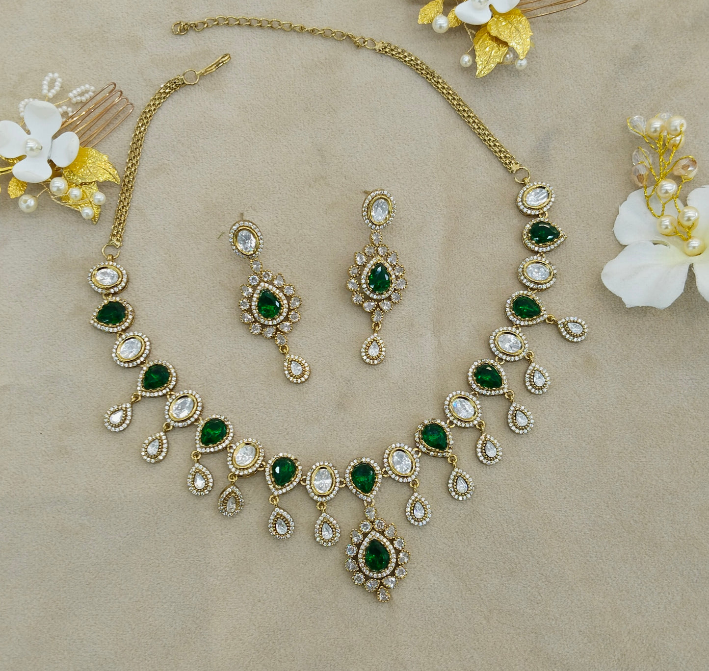 Green Moissanite Kundan Necklace Jewellery Rohini Set