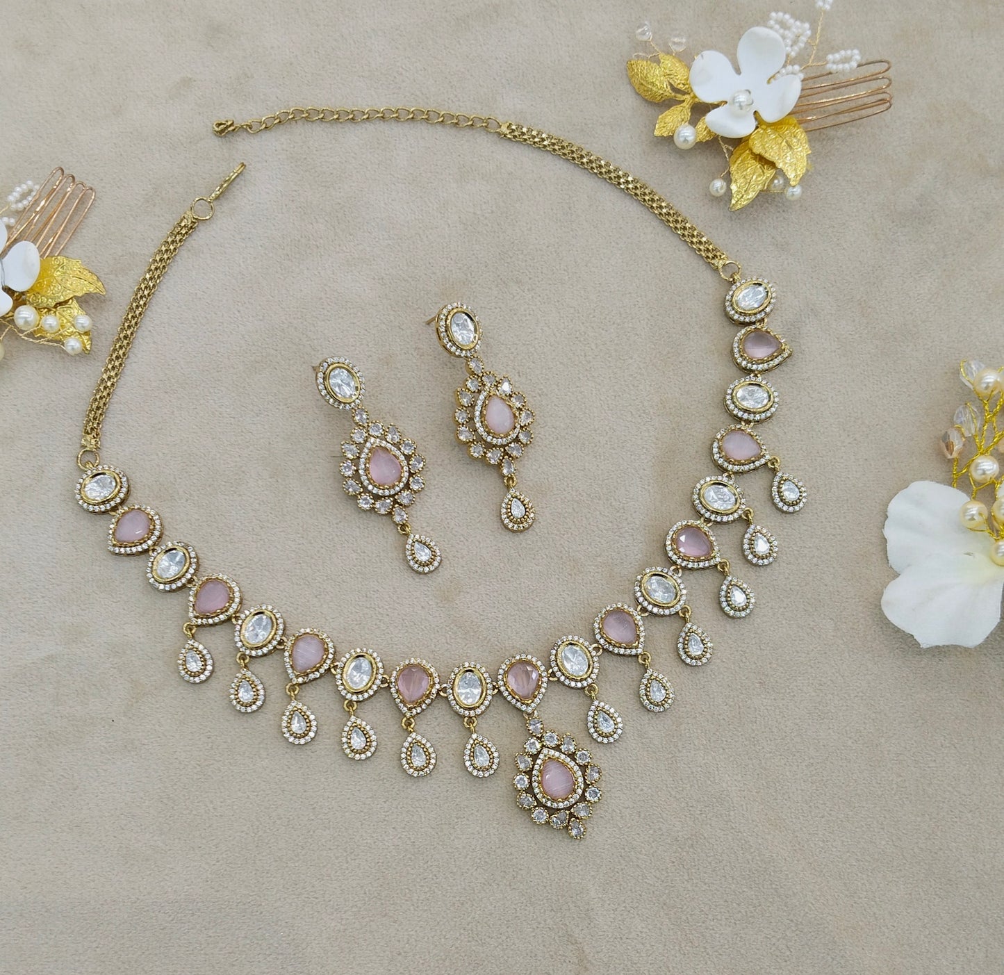 Pink Moissanite Kundan Necklace Jewellery Rohini Set