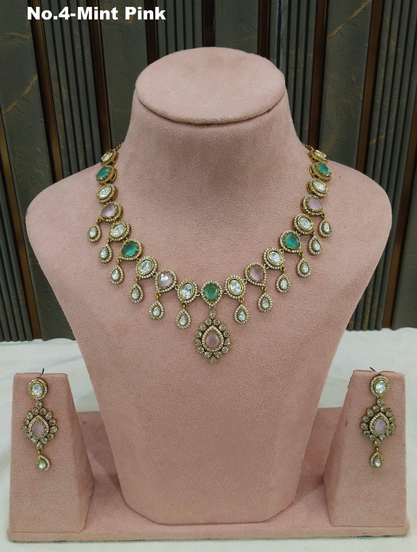 Mint Pink Moissanite Kundan Necklace Jewellery Rohini Set