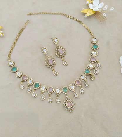 Mint Pink Moissanite Kundan Necklace Jewellery Rohini Set