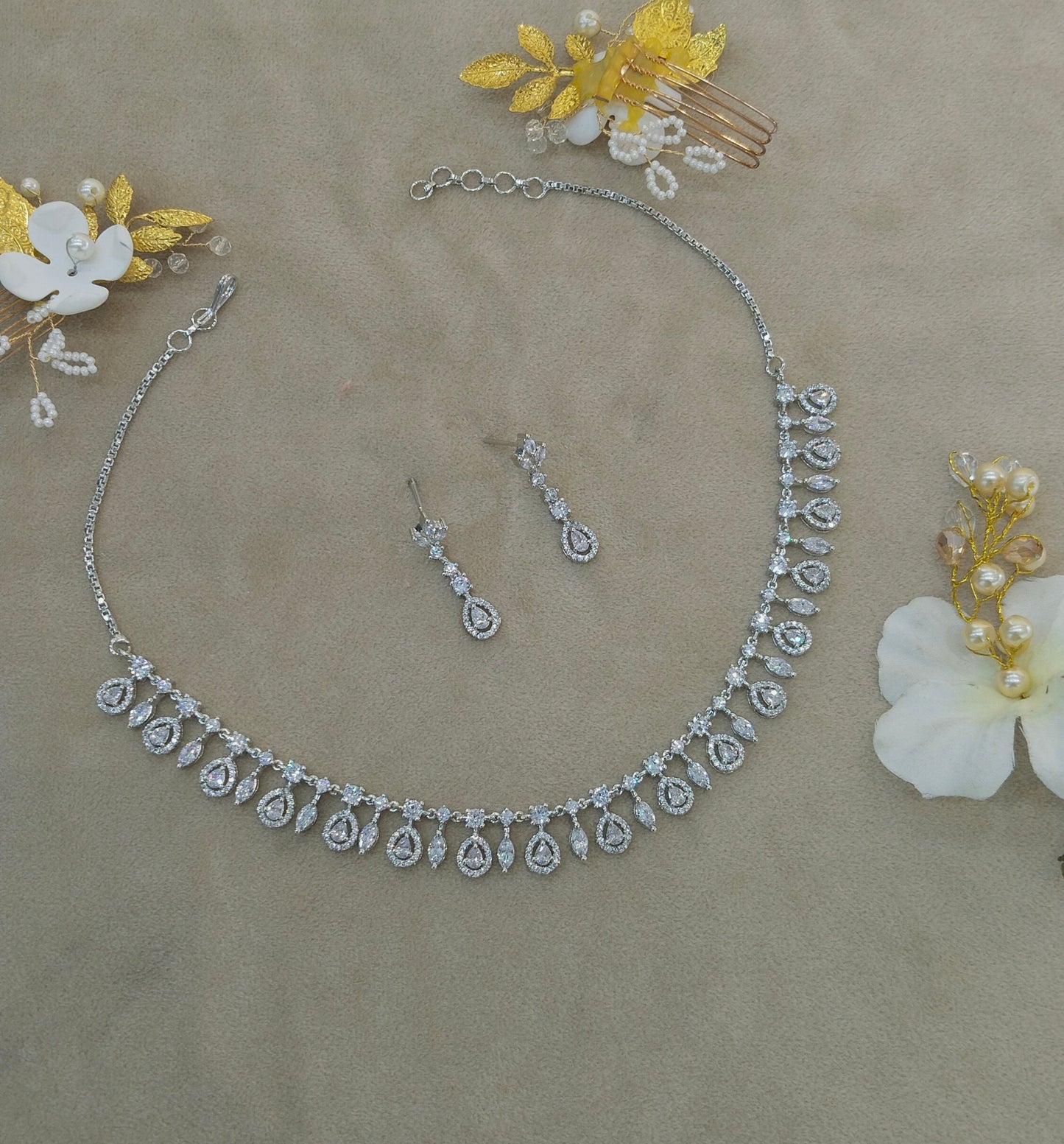 Silver CZ Stone Necklace indian Jewellery Sheet Set