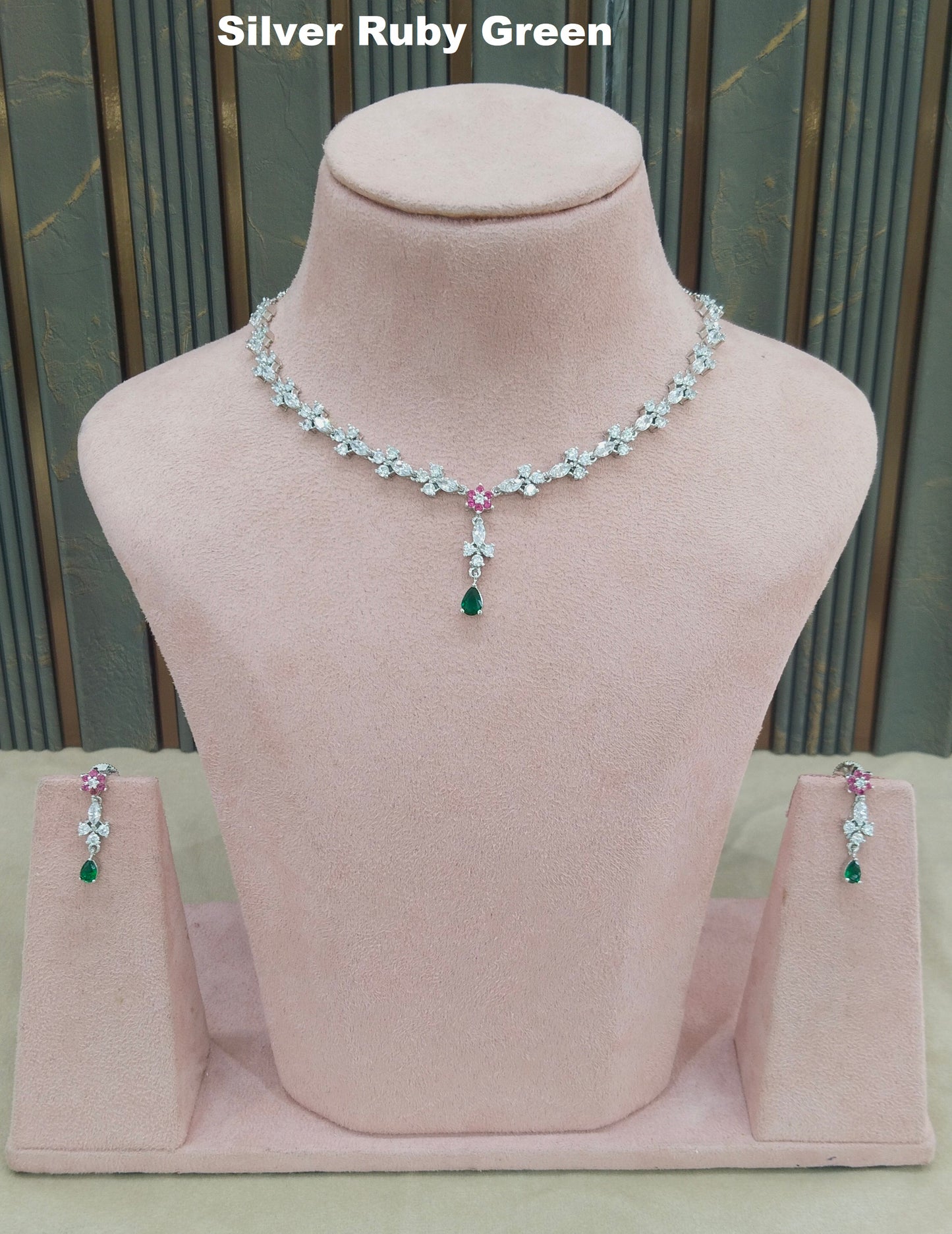 Silver Ruby Green CZ Stone Necklace indian Jewellery Sheet Set