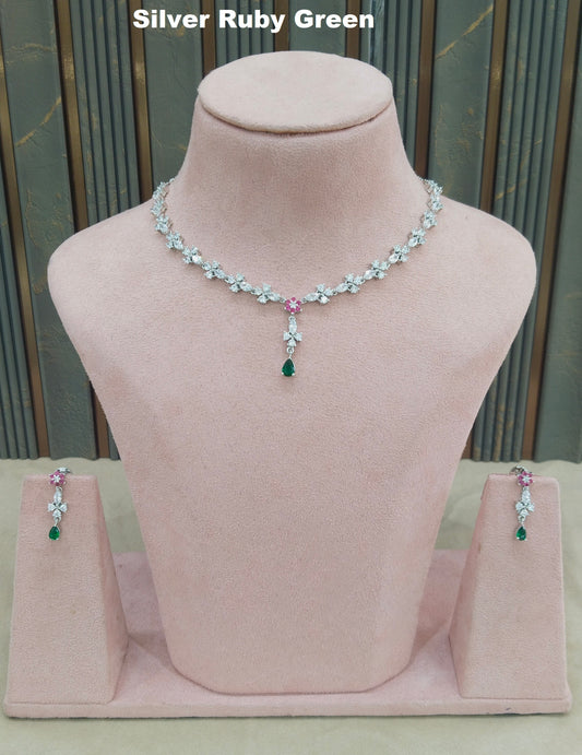 Silver Ruby Green CZ Stone Necklace indian Jewellery Sheet Set