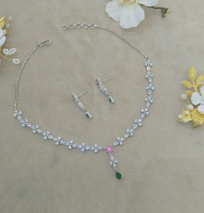 Silver Ruby Green CZ Stone Necklace indian Jewellery Sheet Set
