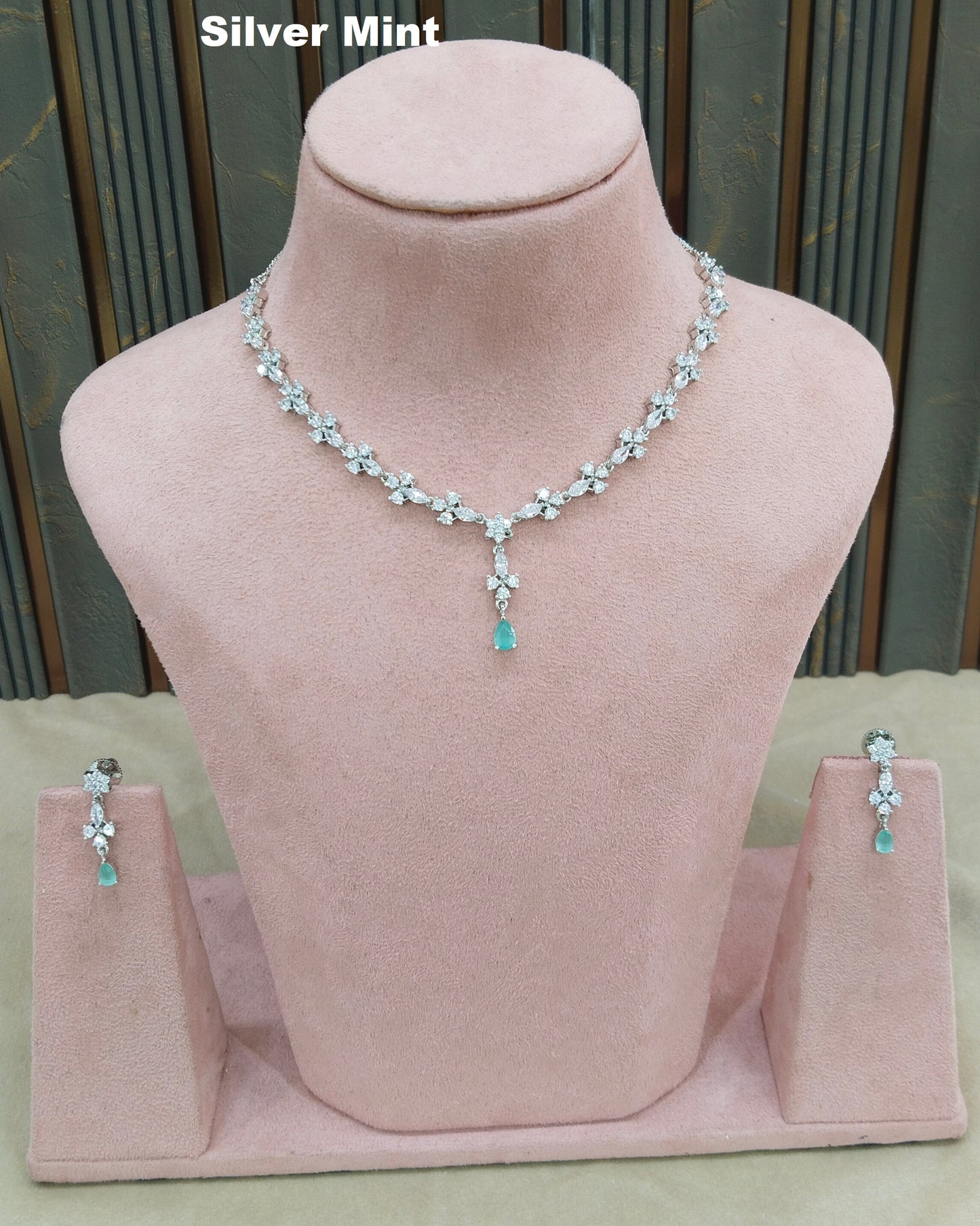 Silver Mint CZ Stone Necklace indian Jewellery Sheet Set