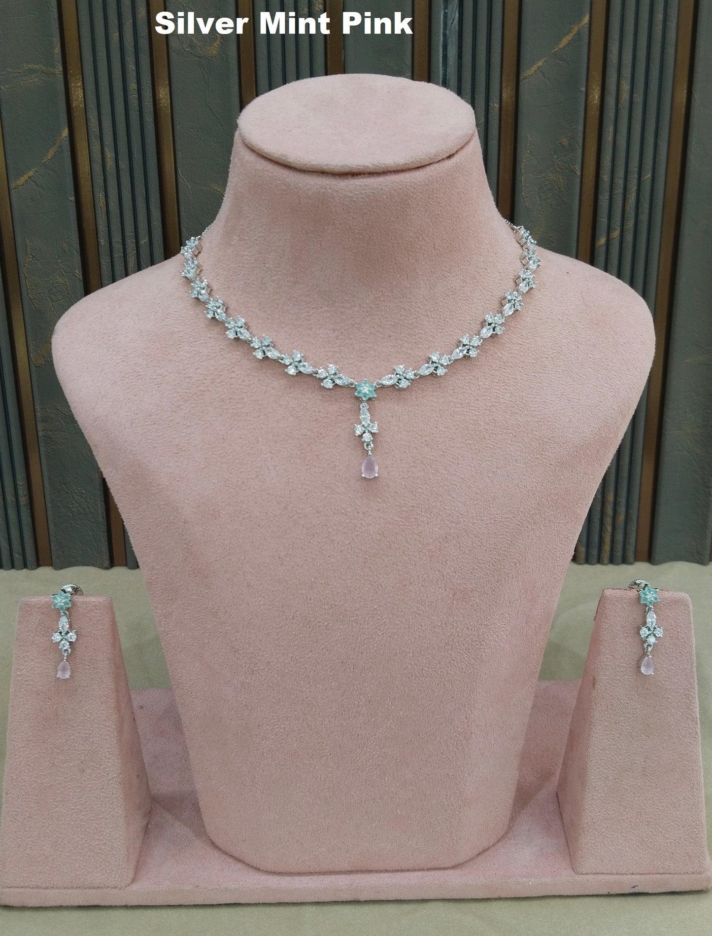 Silver Mint Pink CZ Stone Necklace indian Jewellery Sheet Set