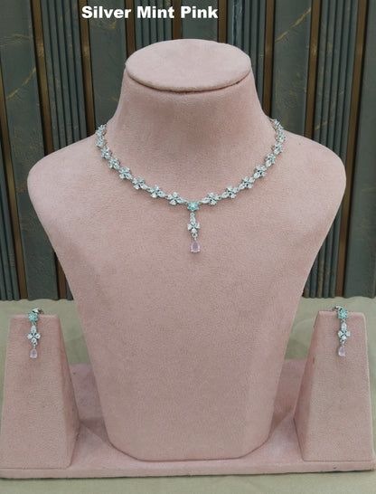 Silver Mint Pink CZ Stone Necklace indian Jewellery Sheet Set