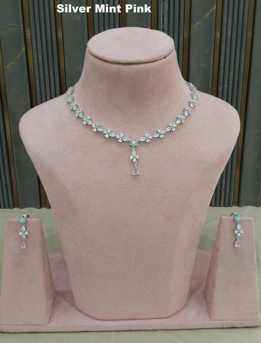 Silver Mint Pink CZ Stone Necklace indian Jewellery Sheet Set