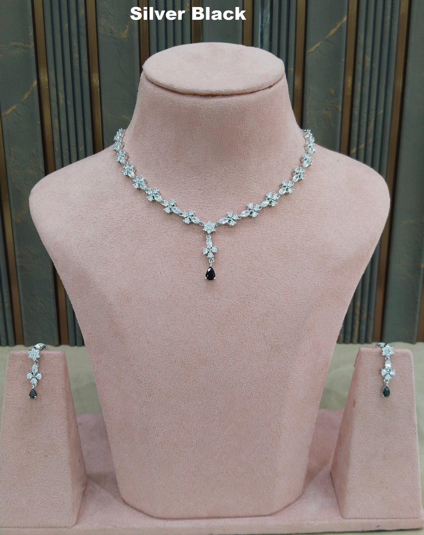 Silver Black CZ Stone Necklace indian Jewellery Sheet Set