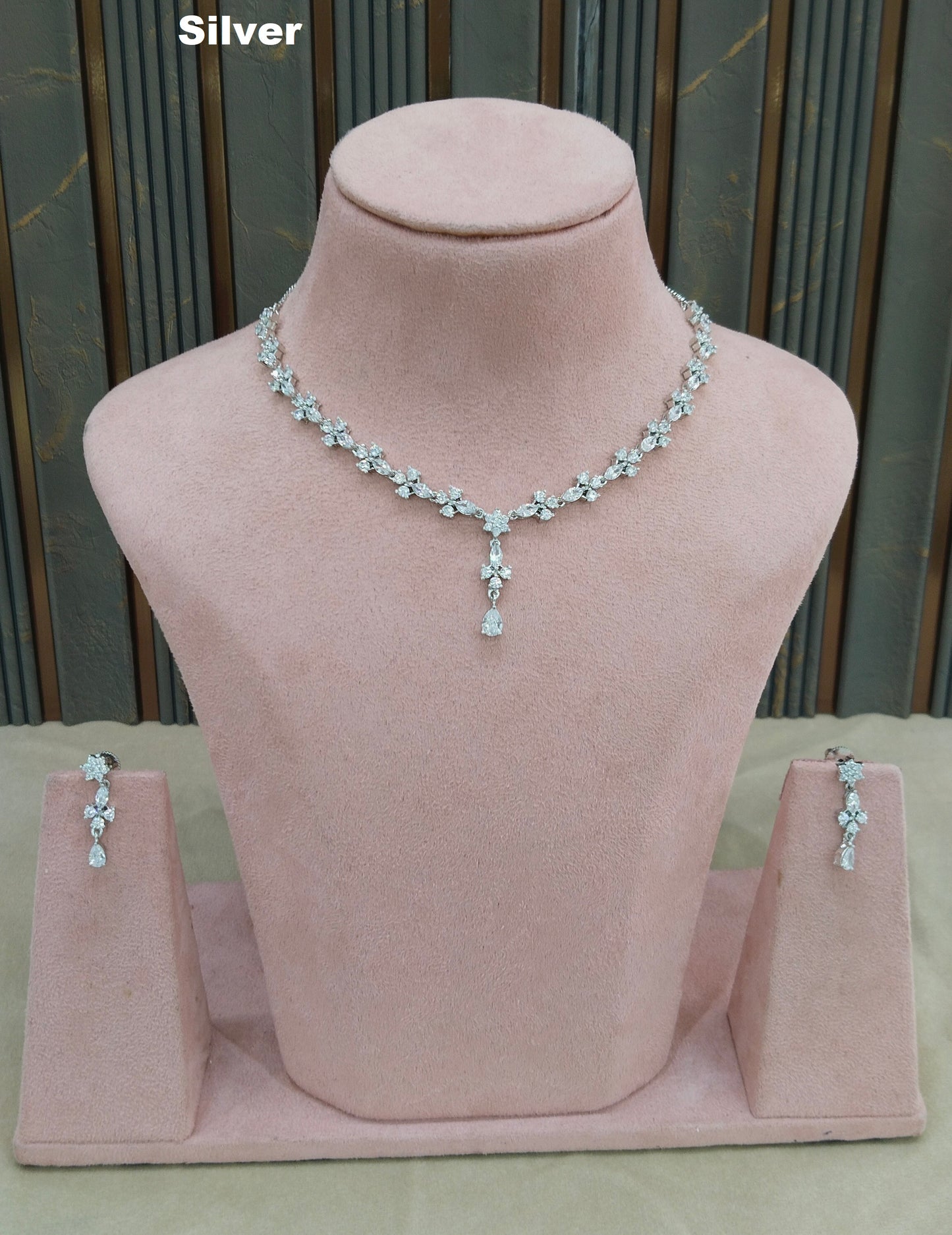 Silver CZ Stone Necklace indian Jewellery Sheet Set