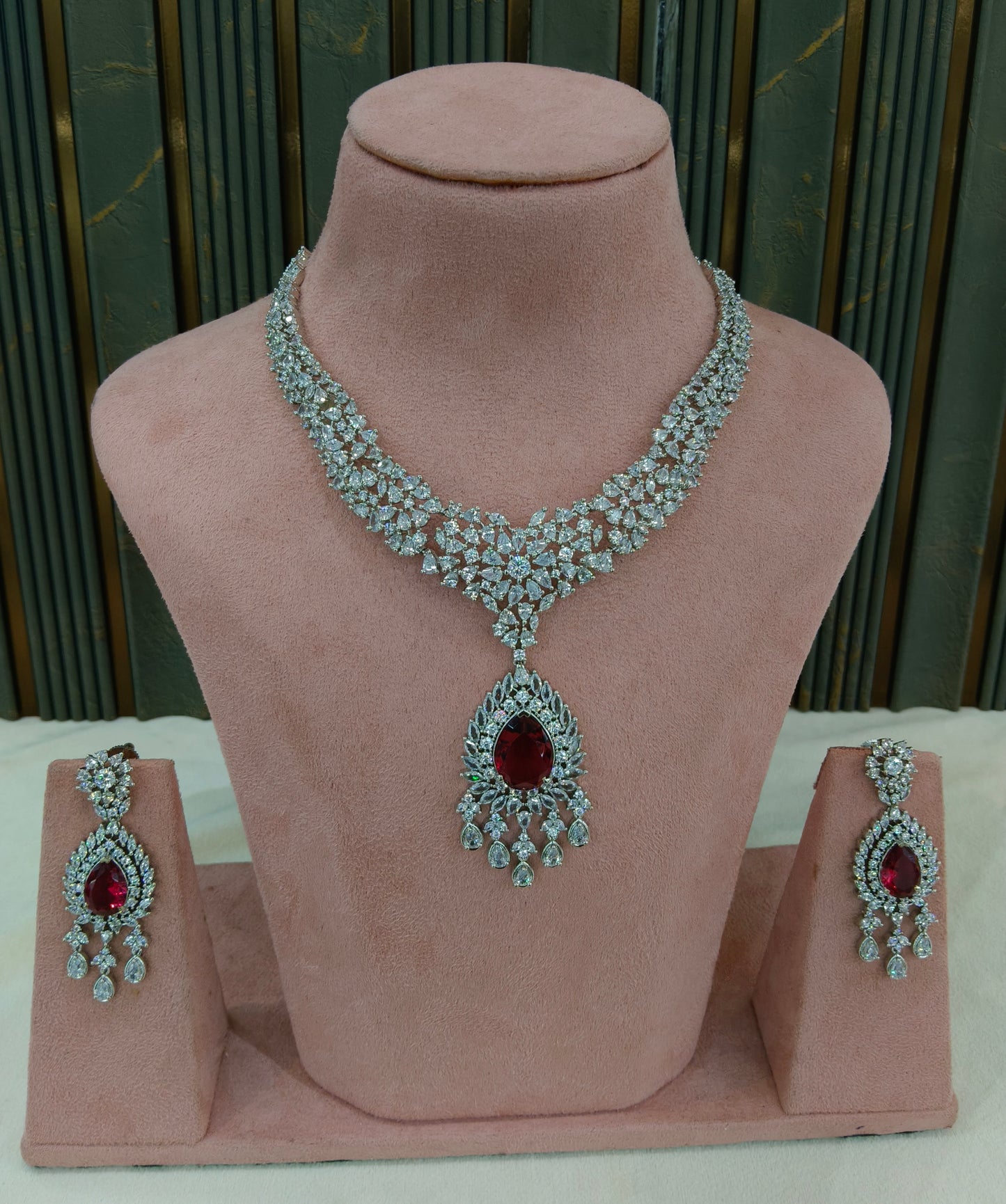 Silver Ruby American Diamond AD Necklace Ekjot Set