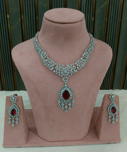 Silver Ruby American Diamond AD Necklace Ekjot Set