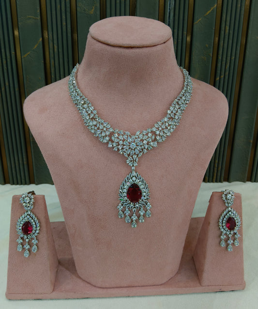 Silver Ruby American Diamond AD Necklace Ekjot Set