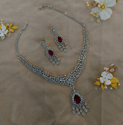 Silver Ruby American Diamond AD Necklace Ekjot Set