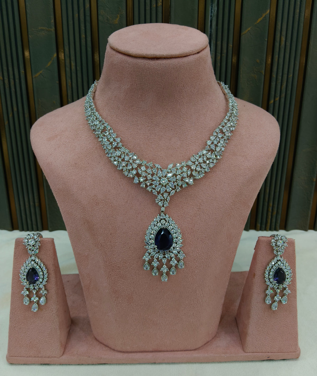Silver Blue American Diamond AD Necklace Ekjot Set