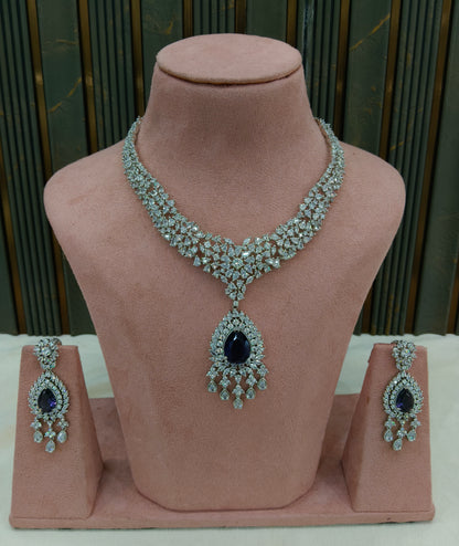 Silver Blue American Diamond AD Necklace Ekjot Set
