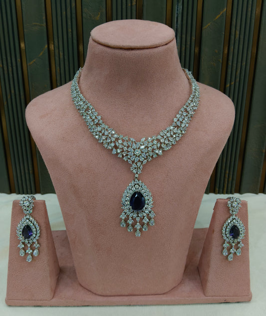 Silver Blue American Diamond AD Necklace Ekjot Set