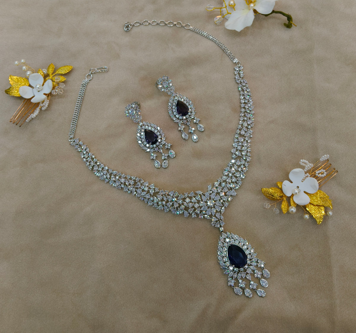 Silver Blue American Diamond AD Necklace Ekjot Set