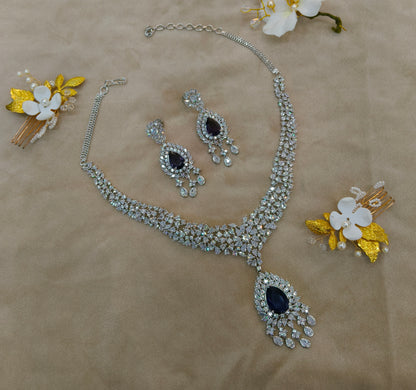 Silver Blue American Diamond AD Necklace Ekjot Set