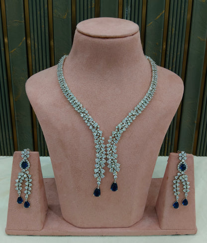 Silver Blue American Diamond AD Necklace Gunaz Set