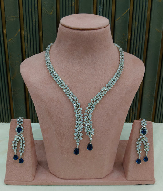 Silver Blue American Diamond AD Necklace Gunaz Set