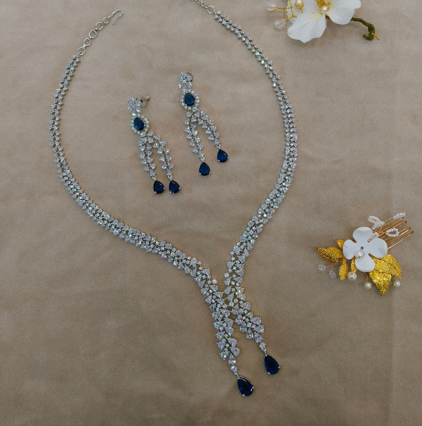 Silver Blue American Diamond AD Necklace Gunaz Set
