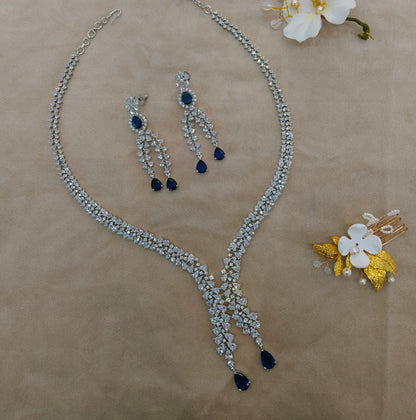 Silver Blue American Diamond AD Necklace Gunaz Set