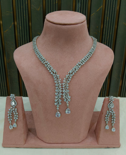 Silver American Diamond AD Necklace Gunaz Set