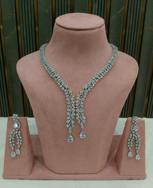 Silver American Diamond AD Necklace Gunaz Set