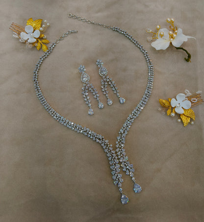 Silver American Diamond AD Necklace Gunaz Set