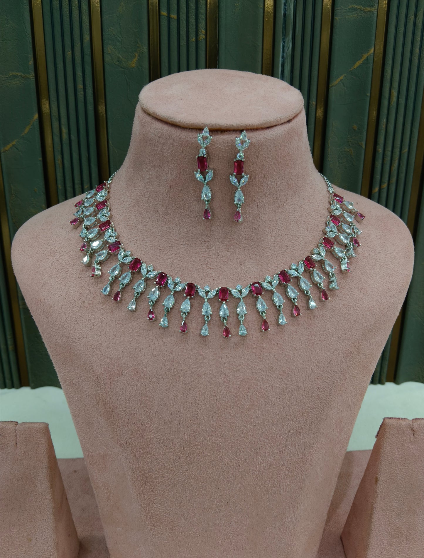 Silver Ruby American Diamond AD Necklace Anaira Set