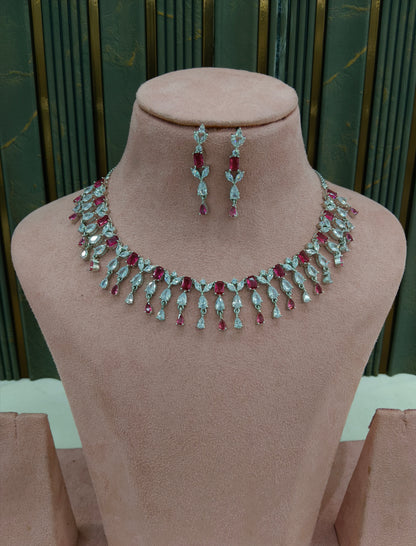 Silver Ruby American Diamond AD Necklace Anaira Set