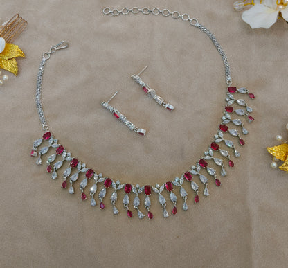 Silver Ruby American Diamond AD Necklace Anaira Set