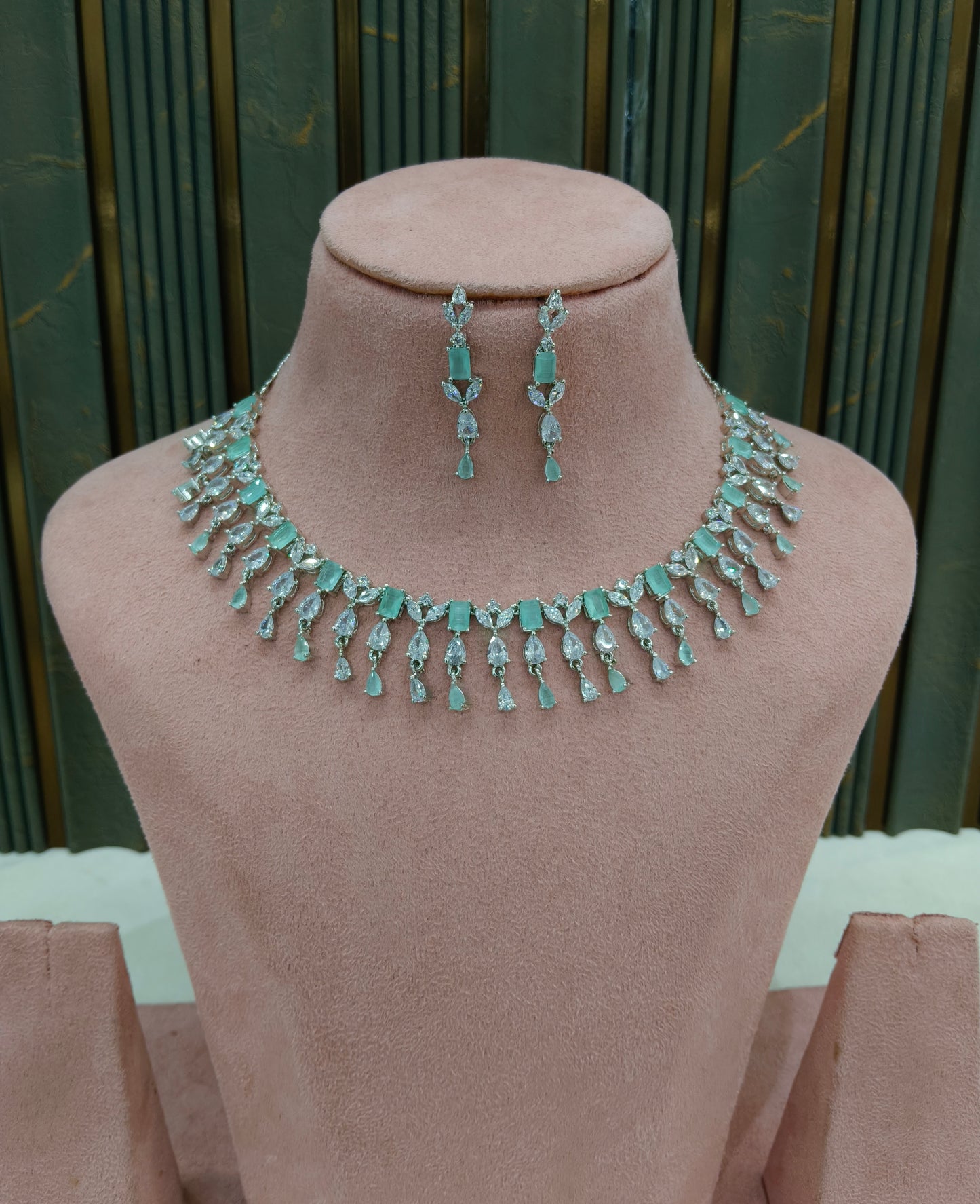 Silver Mint American Diamond AD Necklace Anaira Set