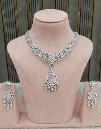 Silver Pink American Diamond AD Necklace Ekjot Set