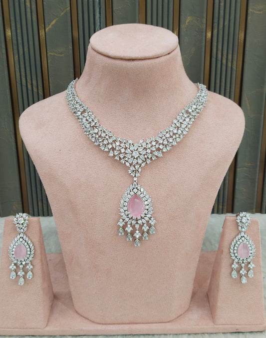 Silver Pink American Diamond AD Necklace Ekjot Set
