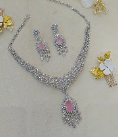 Silver Pink American Diamond AD Necklace Ekjot Set