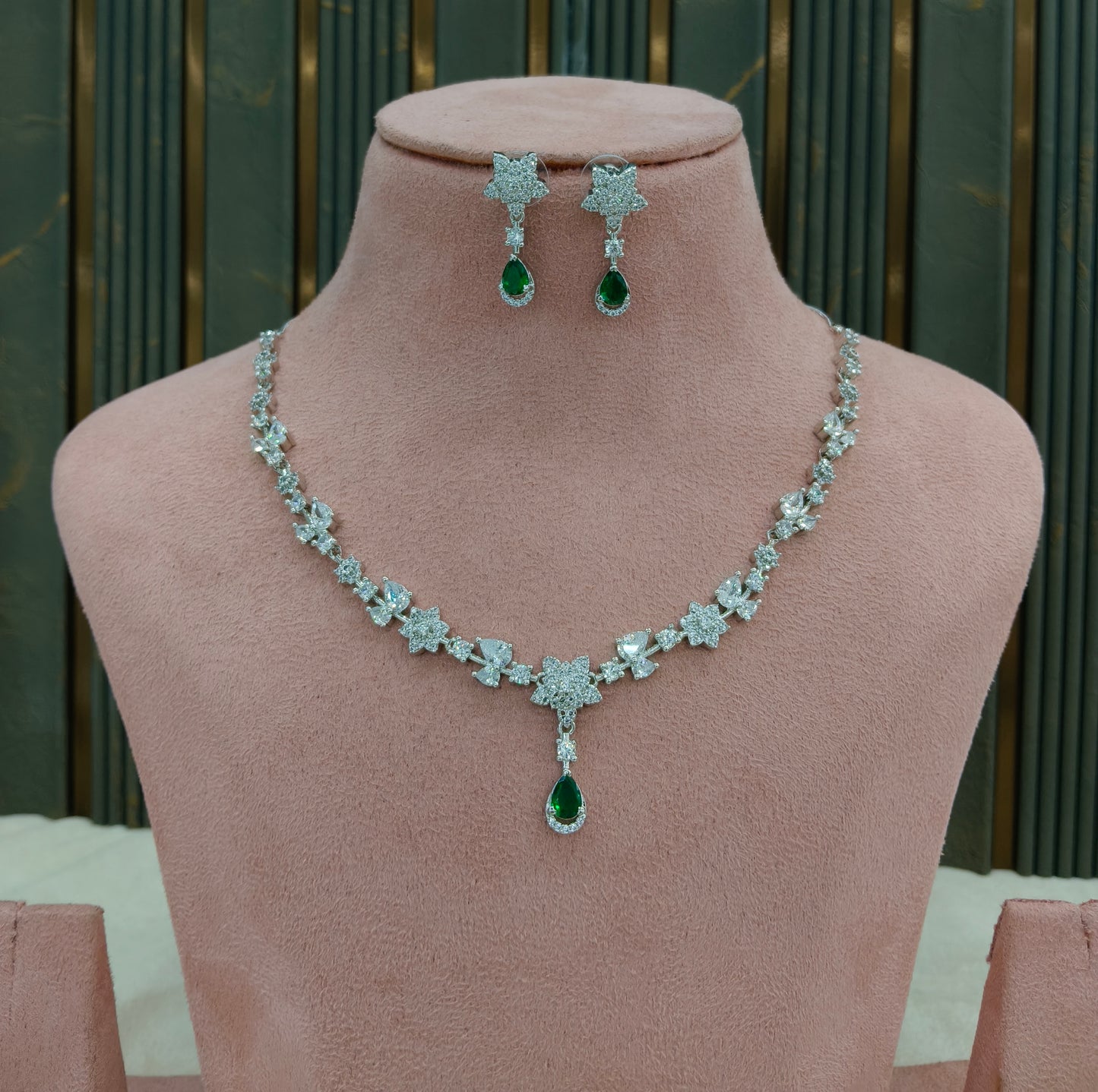 Green American Diamond AD Necklace Alexa Set
