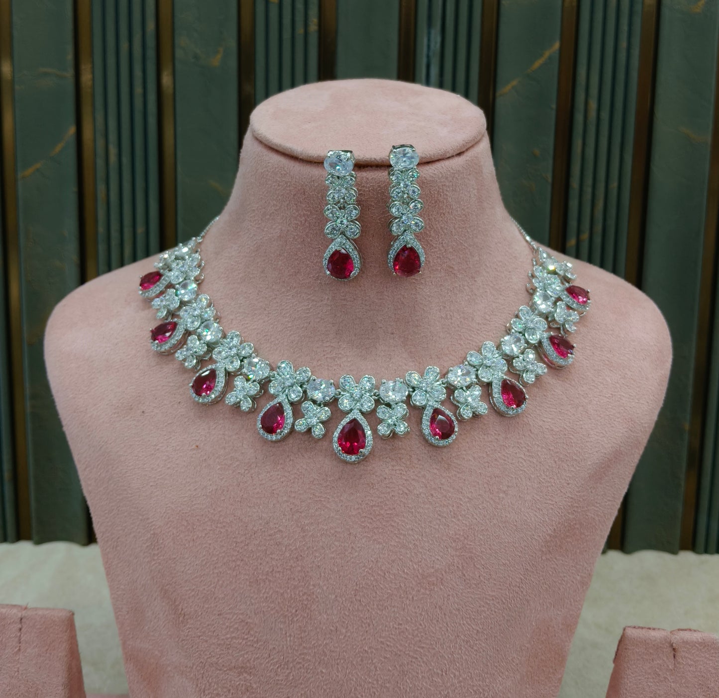 Ruby American Diamond AD Necklace Alexa Set