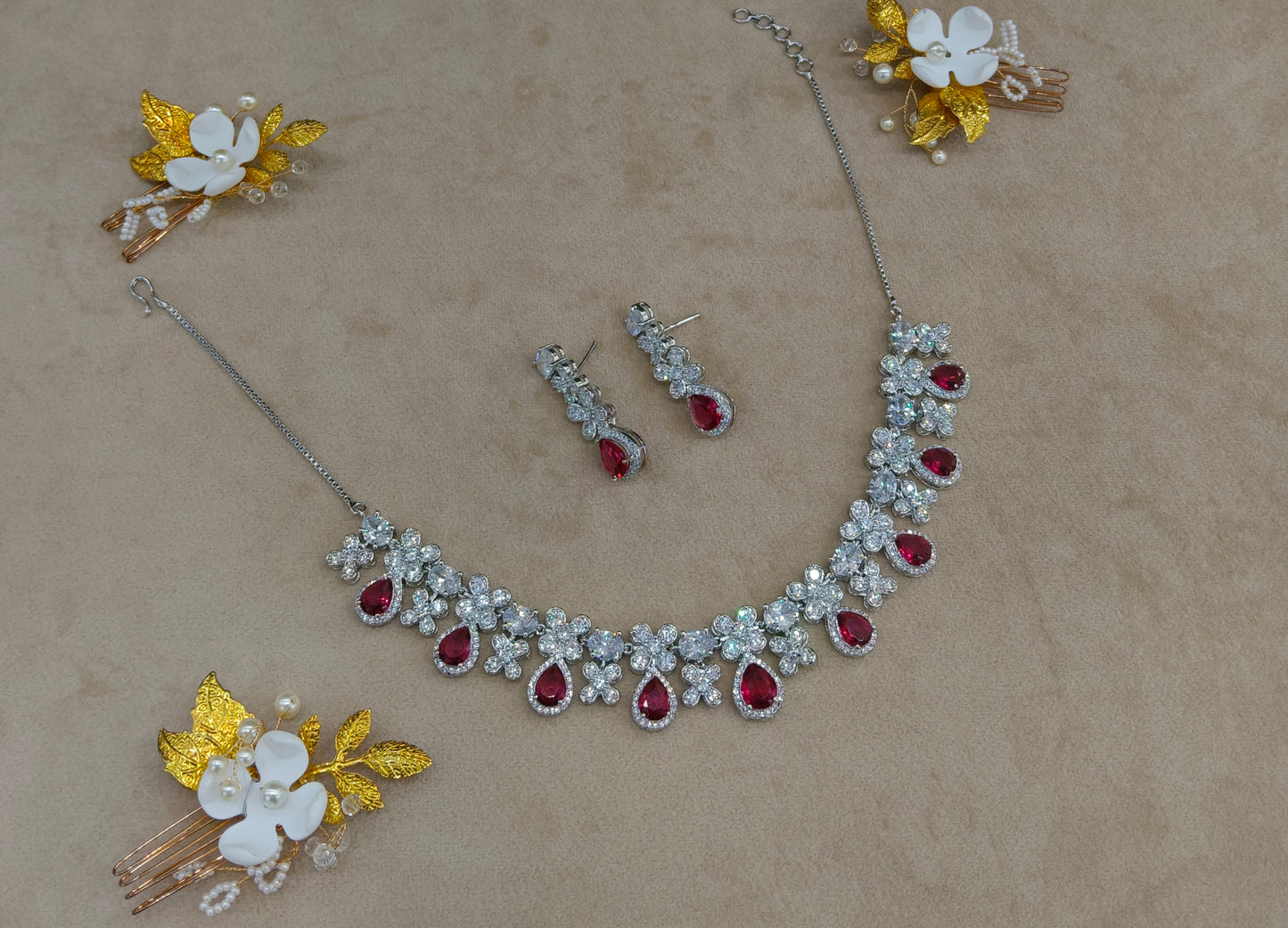 Ruby American Diamond AD Necklace Alexa Set