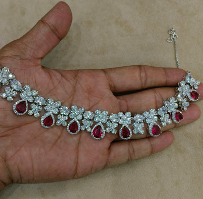 Ruby American Diamond AD Necklace Alexa Set