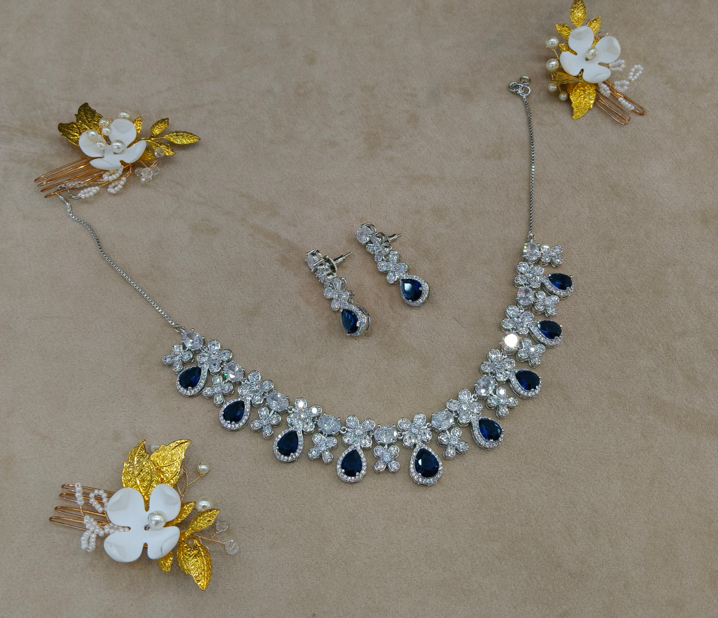 Blue American Diamond AD Necklace Alexa Set