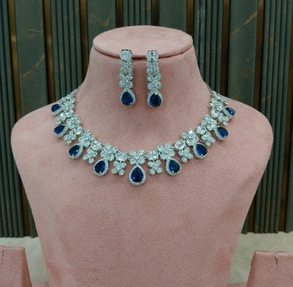 Blue American Diamond AD Necklace Alexa Set