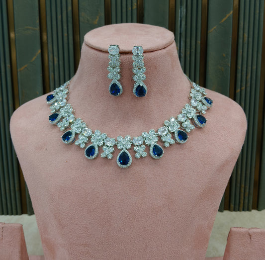 Blue American Diamond AD Necklace Alexa Set
