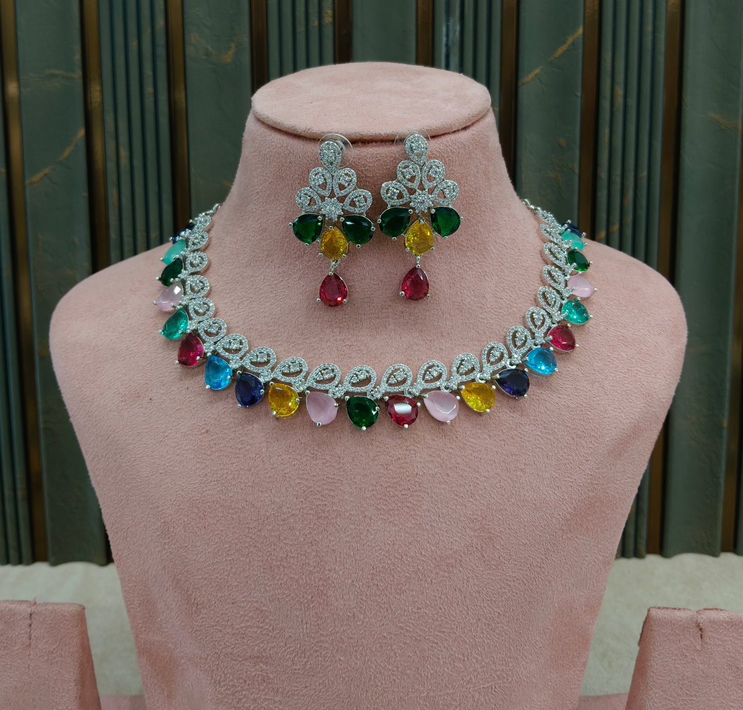Multi Color American Diamond AD Necklace Alexa Set