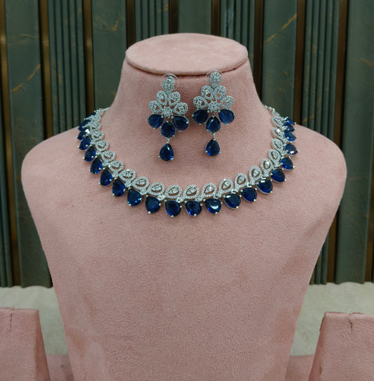 Blue American Diamond AD Necklace Alexa Set