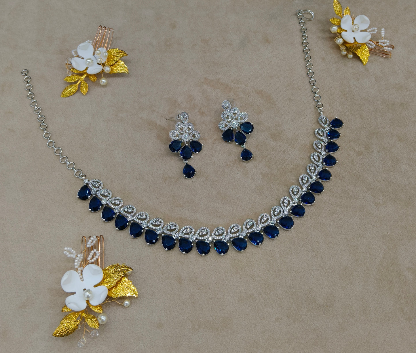 Blue American Diamond AD Necklace Alexa Set